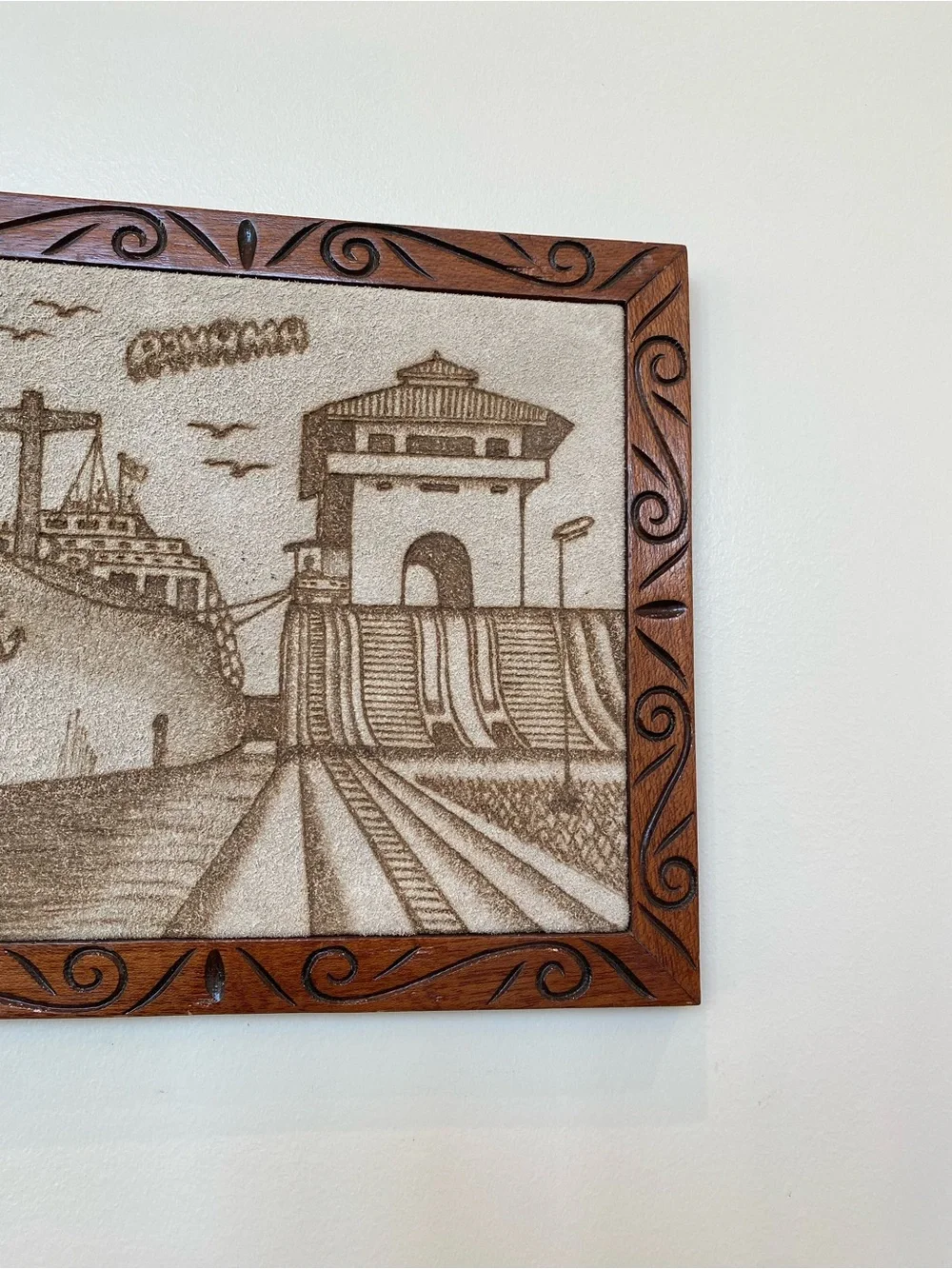 Handcrafted Pyrography 13x11Brown Wooden Framed Wall Art - Nautical Harbor Scene